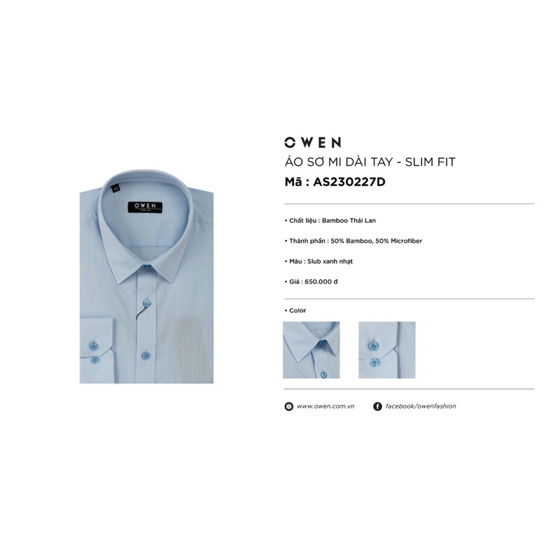 Áo sơ mi owen dài tay màu slub xanh nhạt slim fit vải sợi tre AS230227D