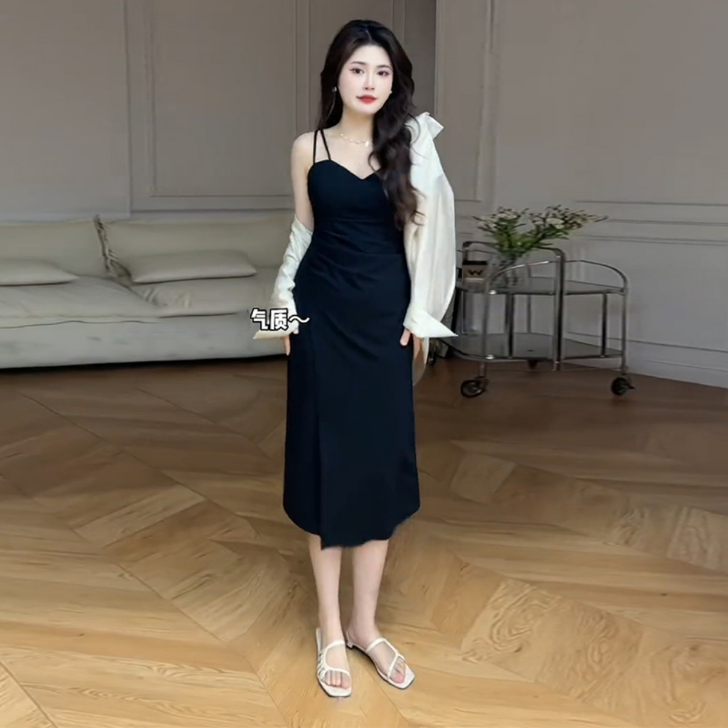 Váy 2 dây BIGSIZE nữ mùa hè mẫu mới khí chất cao cấp, váy đen xẻ tà xếp li che bung_Shop bigsize lazy