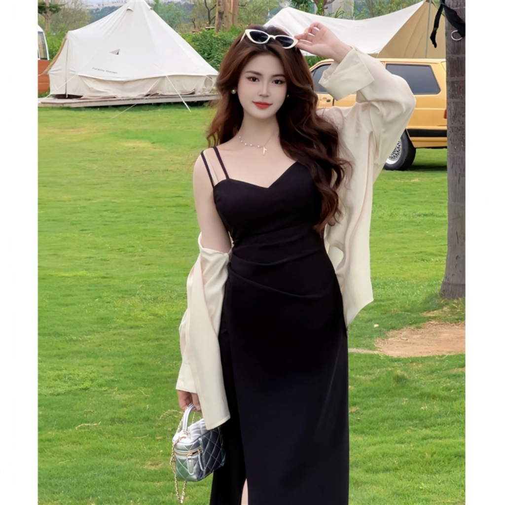 Váy 2 dây BIGSIZE nữ mùa hè mẫu mới khí chất cao cấp, váy đen xẻ tà xếp li che bung_Shop bigsize lazy