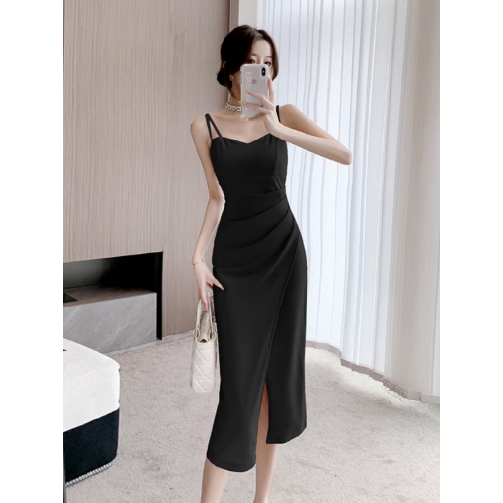 Váy 2 dây BIGSIZE nữ mùa hè mẫu mới khí chất cao cấp, váy đen xẻ tà xếp li che bung_Shop bigsize lazy