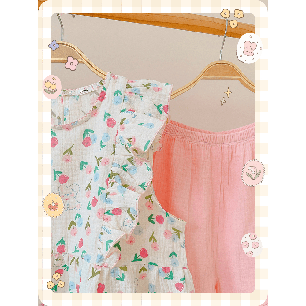 Bộ NỮ 2 tay bèo cánh tiên, quần short cotton muslin, có in hoạ tiết đáng yêu Innies - IN-23BONU015