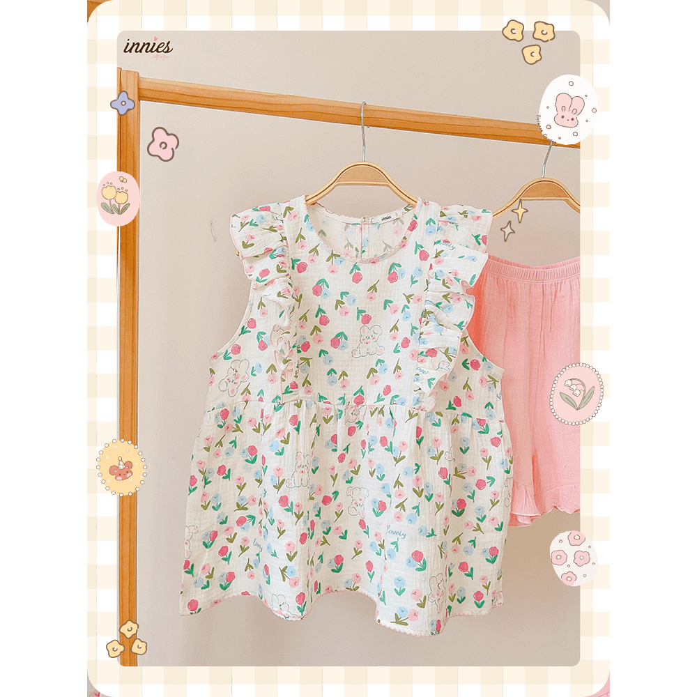 Bộ NỮ 2 tay bèo cánh tiên, quần short cotton muslin, có in hoạ tiết đáng yêu Innies - IN-23BONU015