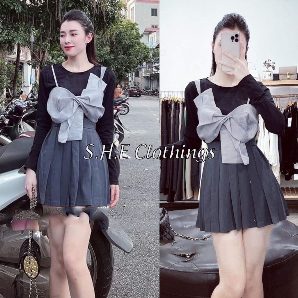 Set Bộ Đồ Nữ Áo Đen Trơn Phối Nơ Trắng 2 Dây Mix Chân Váy Xếp Ly Freesize S554
