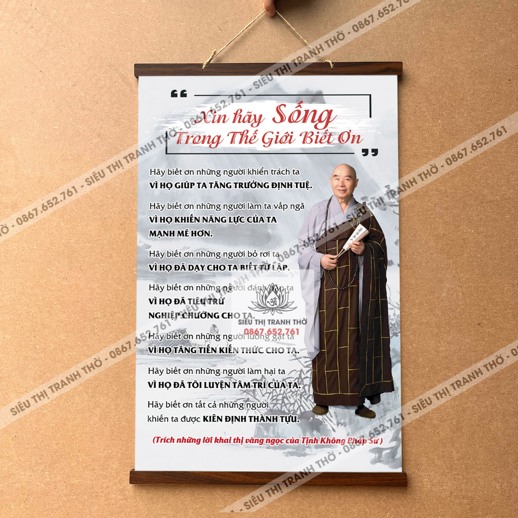 Tranh chữ Xin Hãy Sống Trong Thế Giới Biết Ơn nẹp gỗ 40x60cm bằng vải phủ bóng cao cấp dày dặn