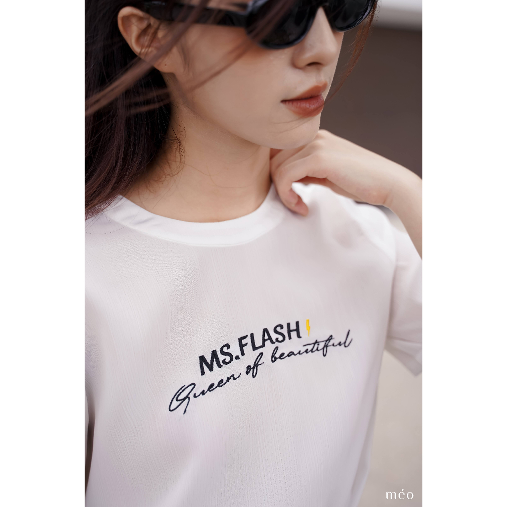 Áo kiểu nữ Méo Shop tay ngắn vải sheer thêu chữ kiểu hàn Ms.Flash