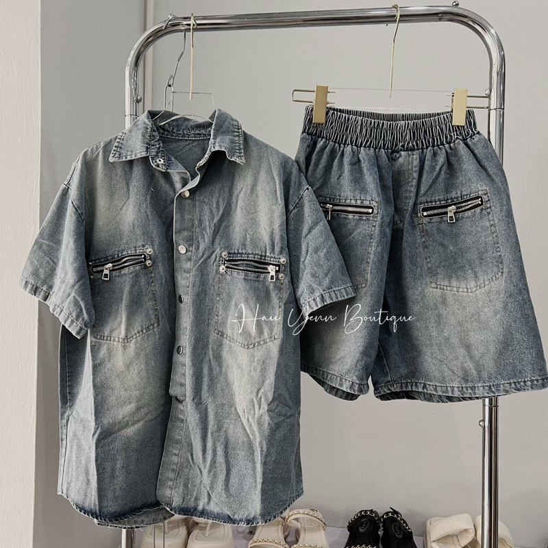 Set bộ jeans khoá túi áo kèm quần short chất bò mềm mát