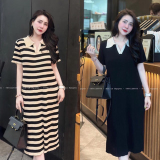 Đầm midi thun cổ bẻ
