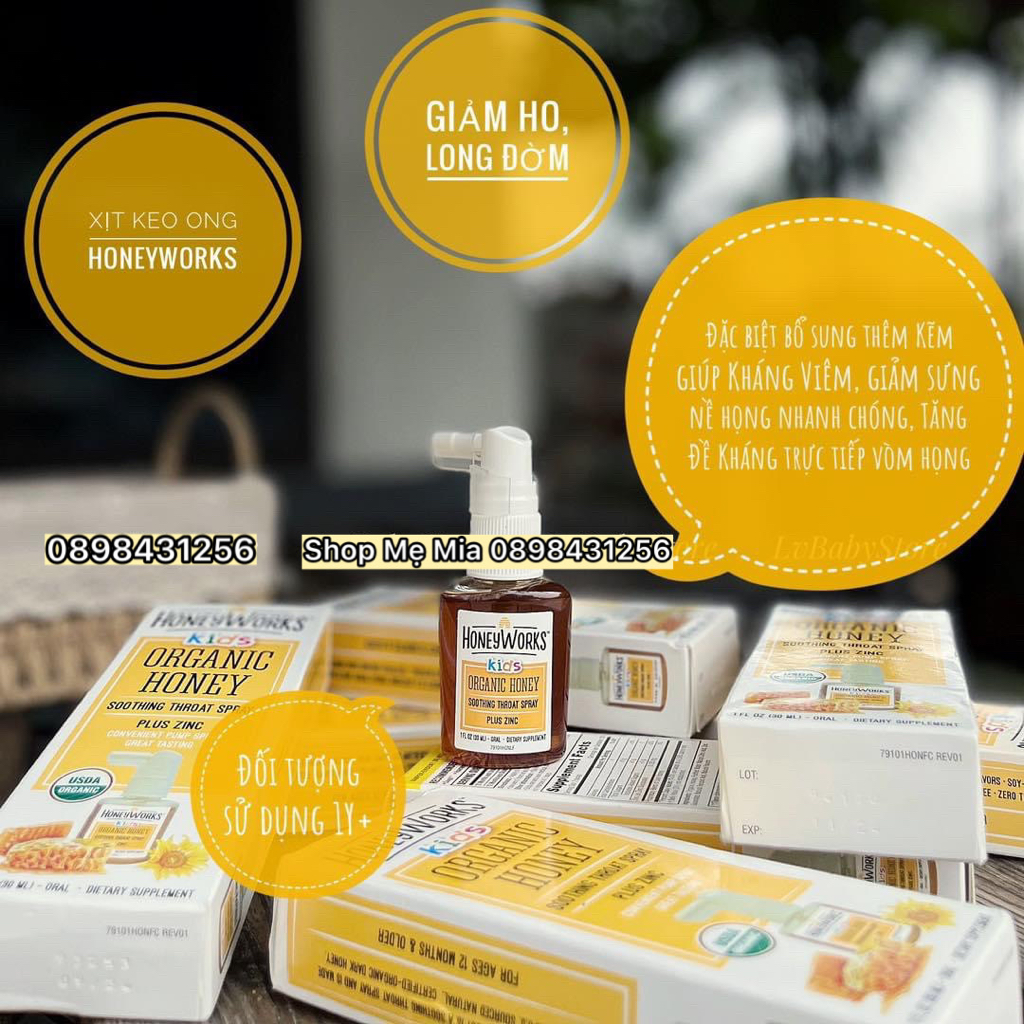 Xịt họng keo ong Honey Works hữu cơ có chứa kẽm cho bé từ 1 tuổi 30ml