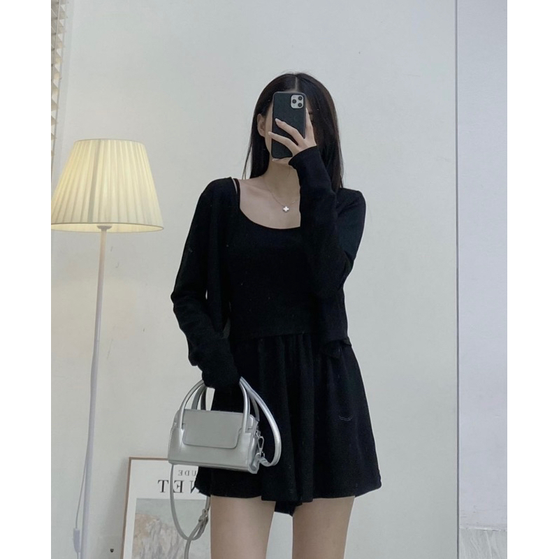 Set 3 món áo hai dây croptop chun lưng kèm khoác cardigan và quần short xếp li giả váy chất thun tăm dễ mặc nhẹ nhàng