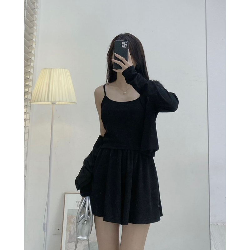 Set 3 món áo hai dây croptop chun lưng kèm khoác cardigan và quần short xếp li giả váy chất thun tăm dễ mặc nhẹ nhàng