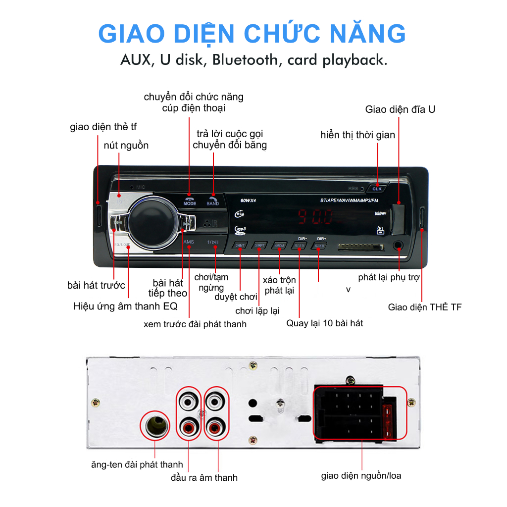 Máy nghe nhạc bluetooth Ô Tô, Đầu phát âm thanh nổi trên xe hơi Bluetooth Radio MP3 / USB / SD / AUX-IN / FM