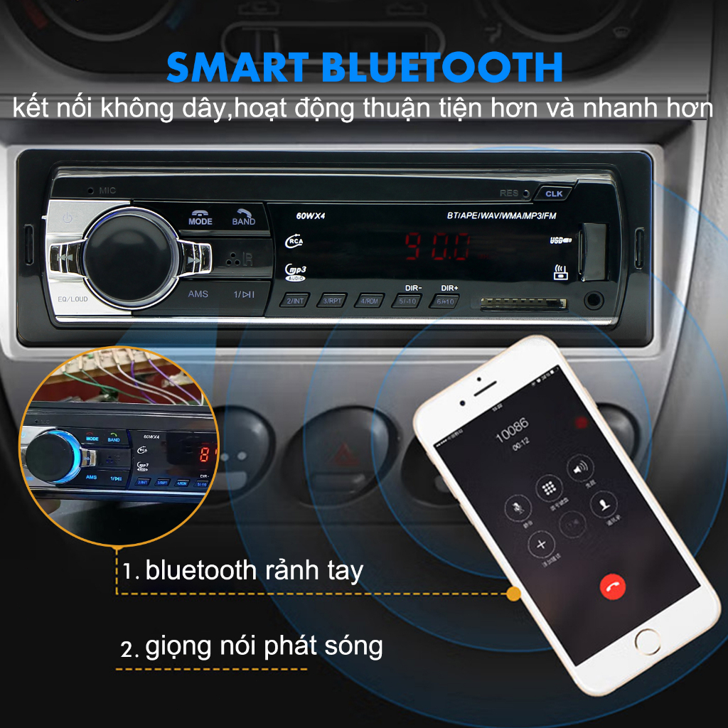 Máy nghe nhạc bluetooth Ô Tô, Đầu phát âm thanh nổi trên xe hơi Bluetooth Radio MP3 / USB / SD / AUX-IN / FM