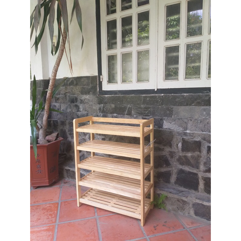 Kệ dép 5 tầng gỗ cao su kèm móc treo 6 đôi