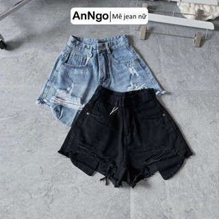 Quần short jean nữ lòi túi cách điệu cực xinh, chất jean denim không co giãn rách nhẹ Anngo - AT336