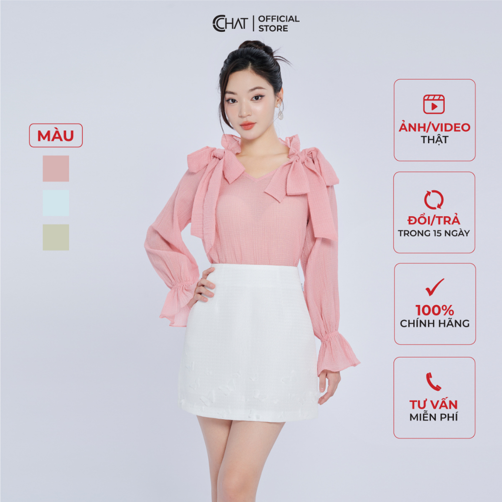 Áo Kiểu Nữ 𝐂𝐂𝐇𝐀𝐓 Rút Nơ Dáng Suông Chất Voan Cao Cấp 13ADV2010ST