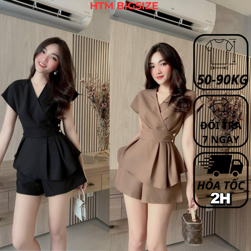 Đồ bộ bigsize nữ set dự tiệc đi chơi sang chảnh kiểu 2 nút eo HTM 50-90KG