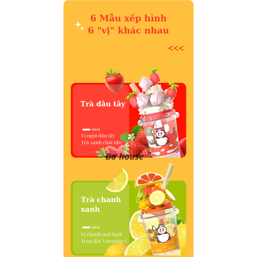 Bộ xếp hình trà sữa Mixue 6 mẫu đáng yêu trang trí bàn học bàn làm việc