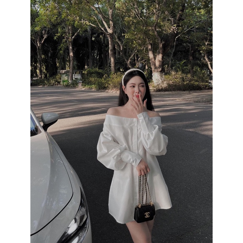 Áo sơ mi trễ vai, áo trễ vai tay bồng xanh tiểu thư sang chảnh💕
