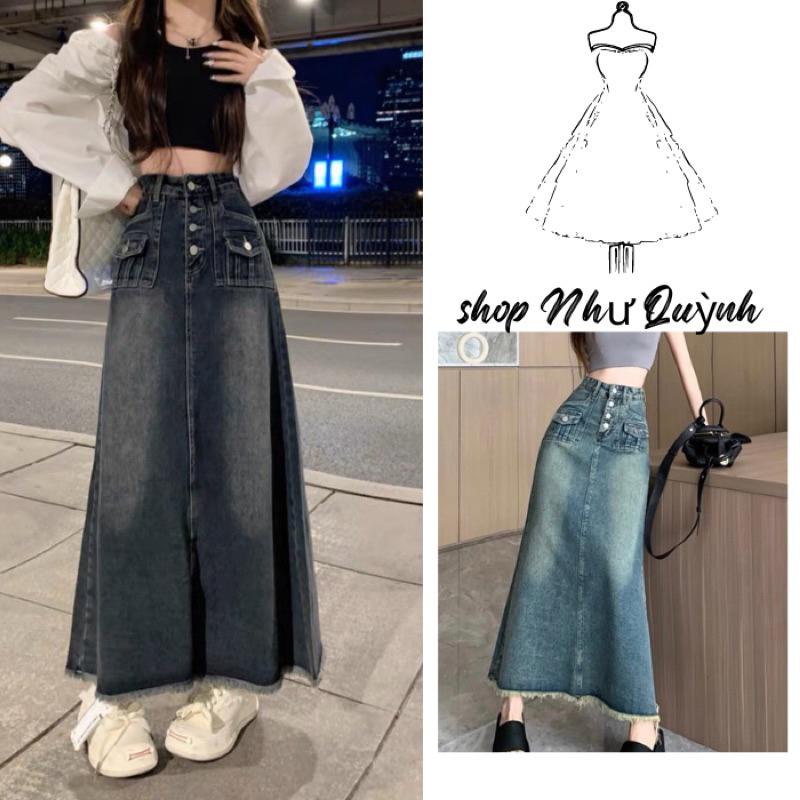 Chân váy jeans dài dáng chữ A phong cách retro nữ | BigBuy360 - bigbuy360.vn