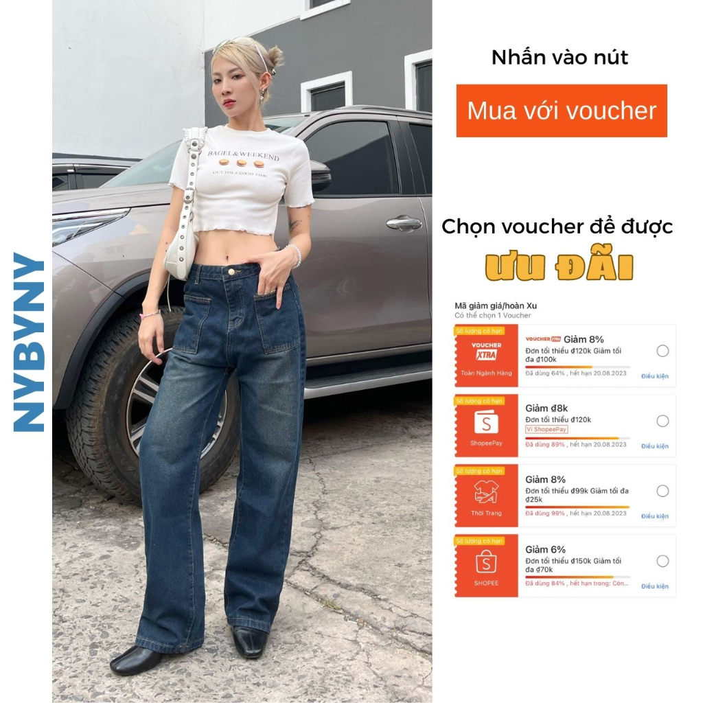 Quần jean ống rộng lưng cao màu xanh đậm túi vuông trước nybyny Kool