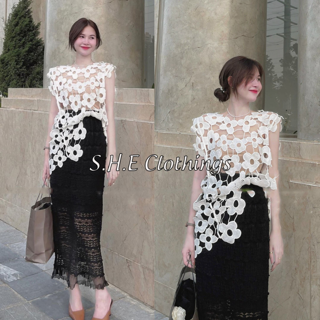 Set Bộ Đồ Nữ Áo Ren Hoa To Trắng Be Tay Hến Mix Chân Váy Ren Xốp Dáng Dài Freesize S565