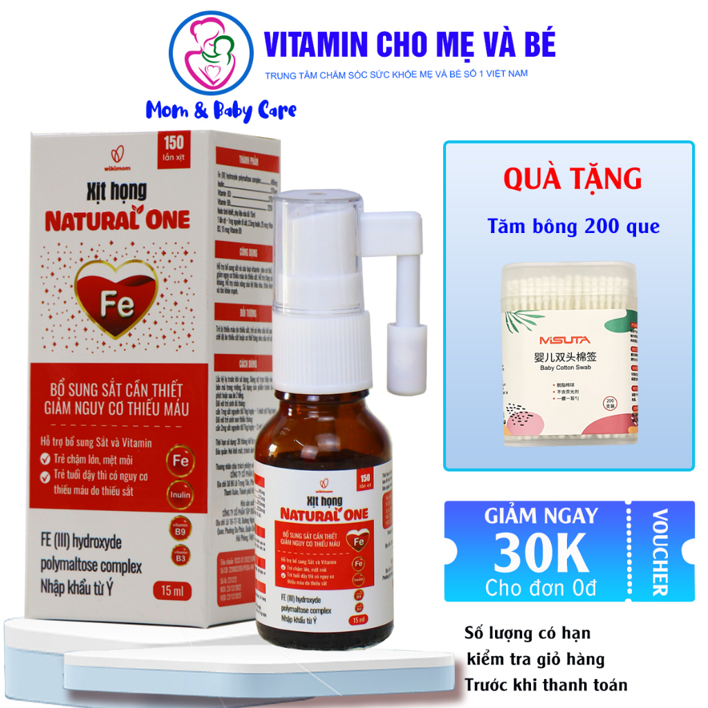 Sắt Natrural One FE 15ml, Dạng xịt thế hệ mới giúp bổ sung sắt, Vitamin B3, B9 hỗ trợ giảm thiếu máu do thiếu sắt