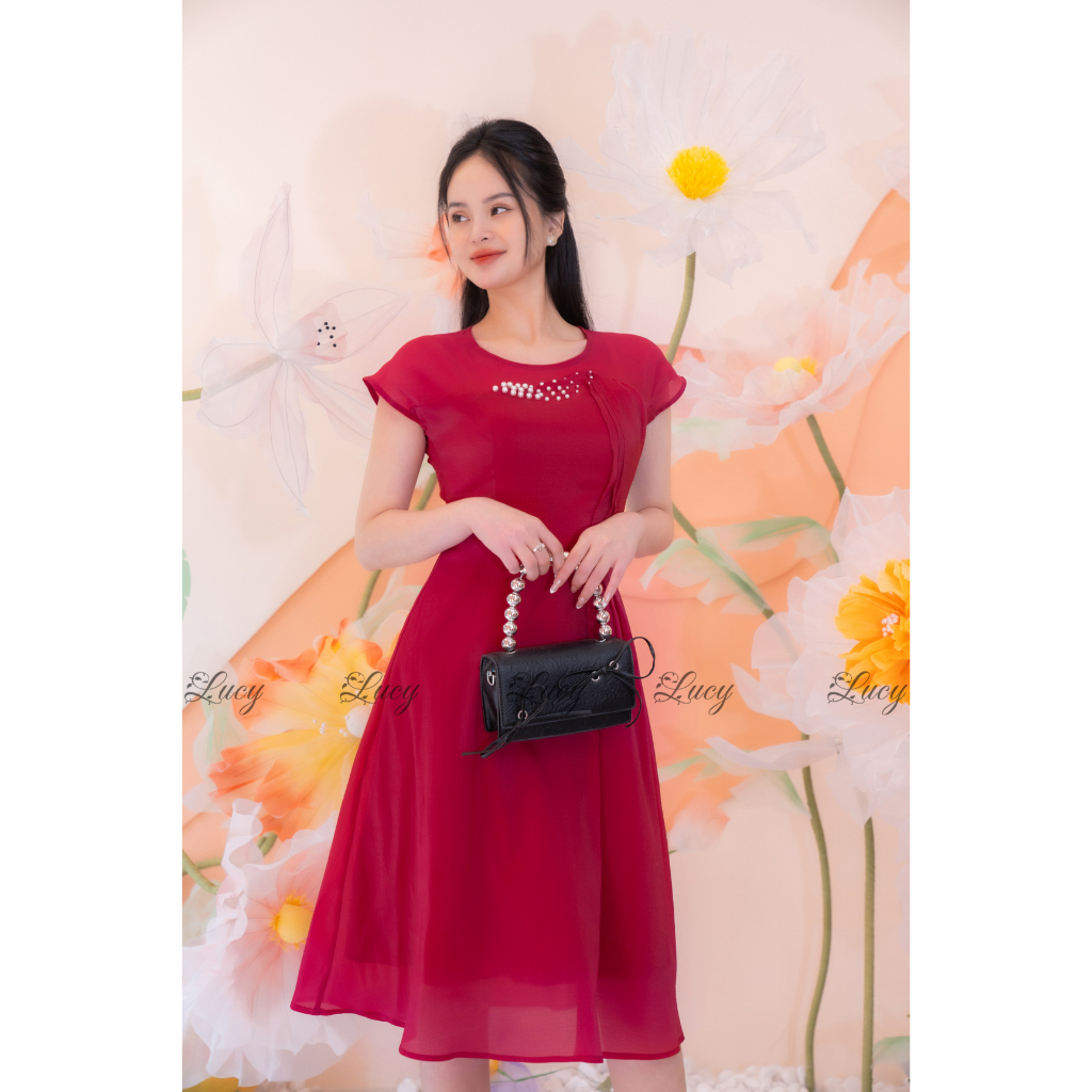 Đầm đính ngọc dáng xoè Rose 8561 Voan tơ ánh nhũ kim sa váy Lucy