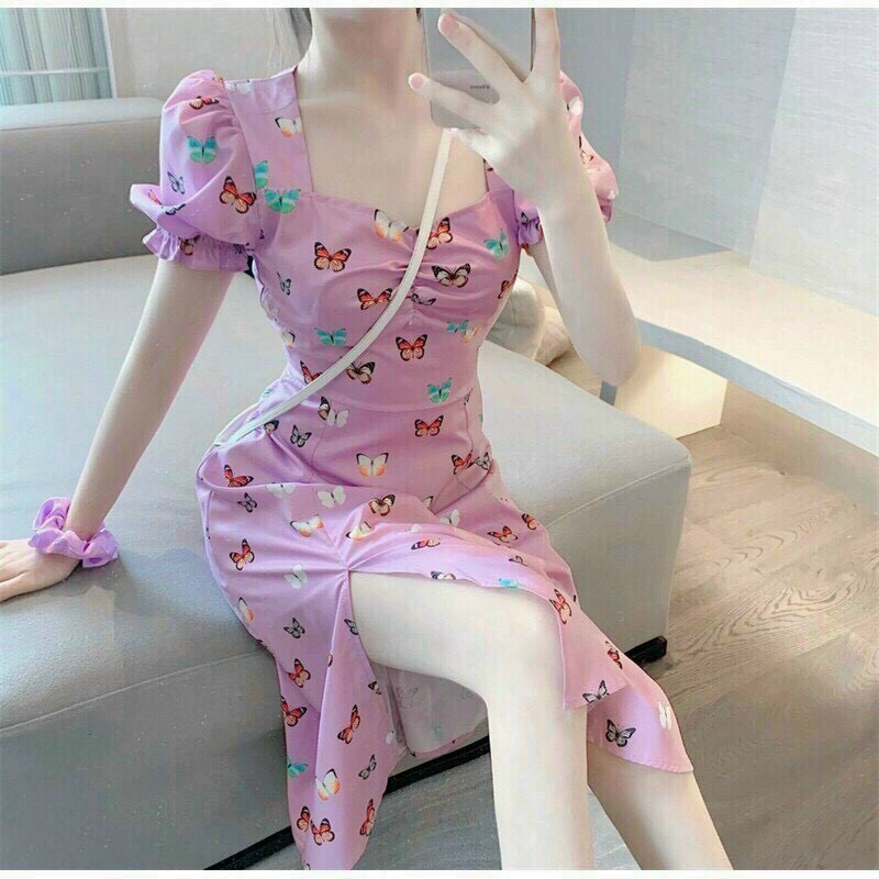 Váy cổ vuông dáng xòe họa tiết bướm , đầm nữ xẻ tà tay phồng nằm trong bộ sưu tập đầm ulzzang