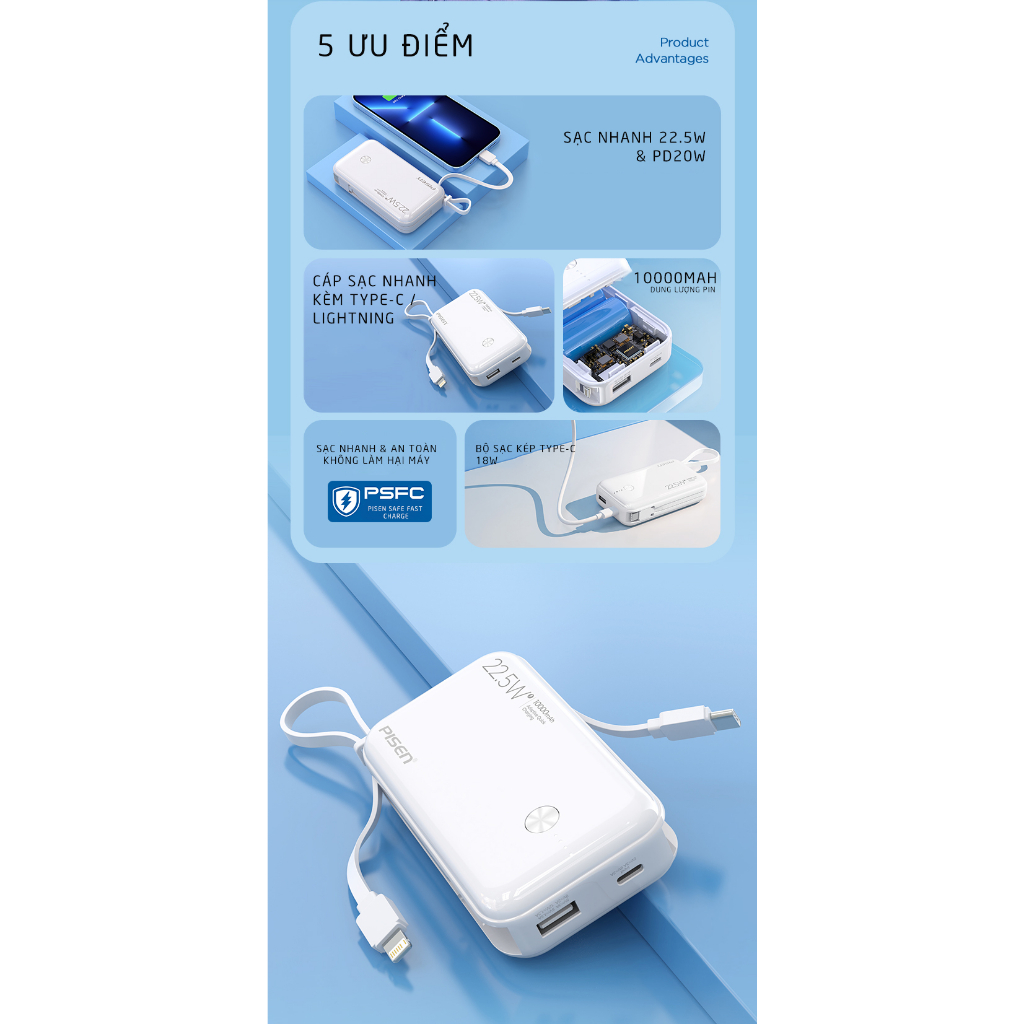 Sạc dự phòng kèm dây cáp PISEN QUICK Power Link 10000mAh 22.5W, model: TS-D333, bảo hành 24 tháng - Hàng chính hãng