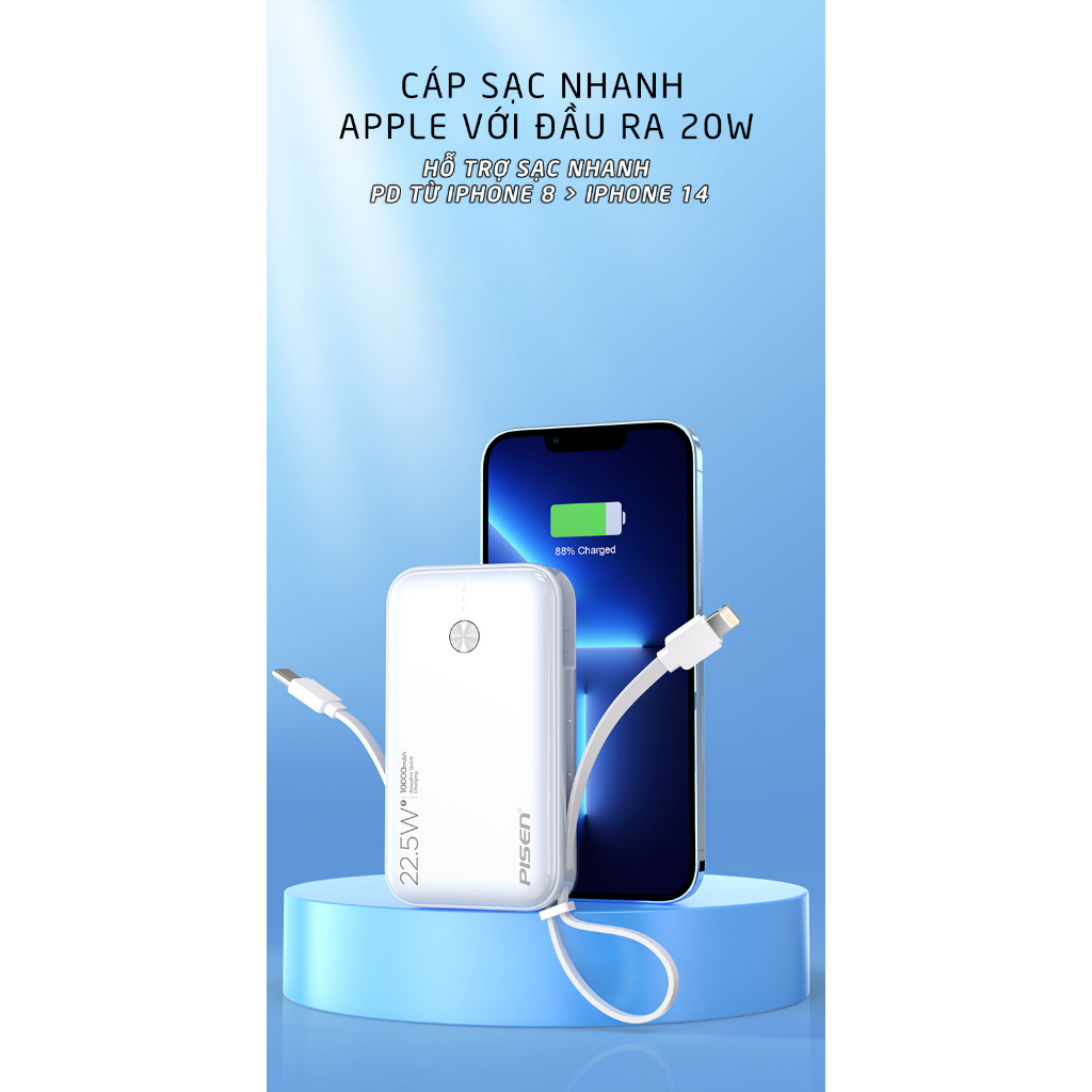 Sạc dự phòng kèm dây cáp PISEN QUICK Power Link 10000mAh 22.5W, model: TS-D333, bảo hành 24 tháng - Hàng chính hãng