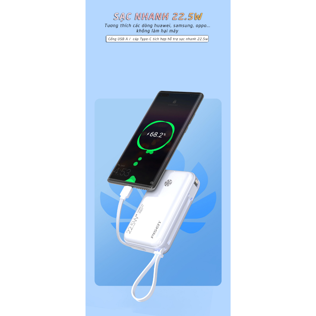 Sạc dự phòng kèm dây cáp PISEN QUICK Power Link 10000mAh 22.5W, model: TS-D333, bảo hành 24 tháng - Hàng chính hãng