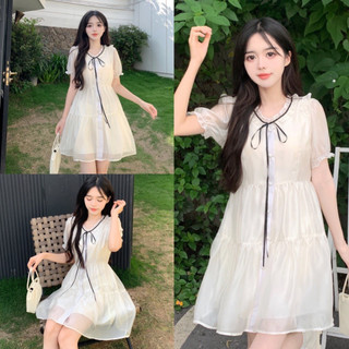 Váy babydoll voan tơ 2 lớp cổ viền bèo thắt nơ đen màu be, đầm tiểu thư dáng xòe đi chơi dự tiệc sang chảnh hàn quốc