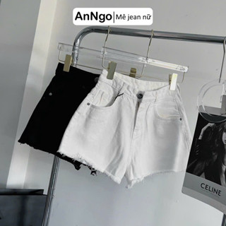  Quần short jean nữ lưng cao ống rộng đen trắng phối đồ cực sang Anngo - AT341 