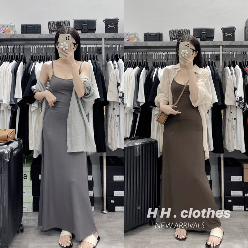 Sét váy 2 dây dáng dài trơn + sơ mi tơ dài tay 2 màu kèm ảnh thật