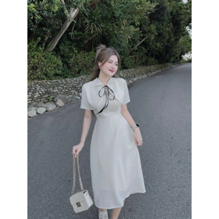 Đầm nữ tiểu thư vintage, đầm trắng xếp ly ngực dáng dài kèm khoác vest croptop tay ngắn cột nơ ngực đi tiệc chanh sả dx