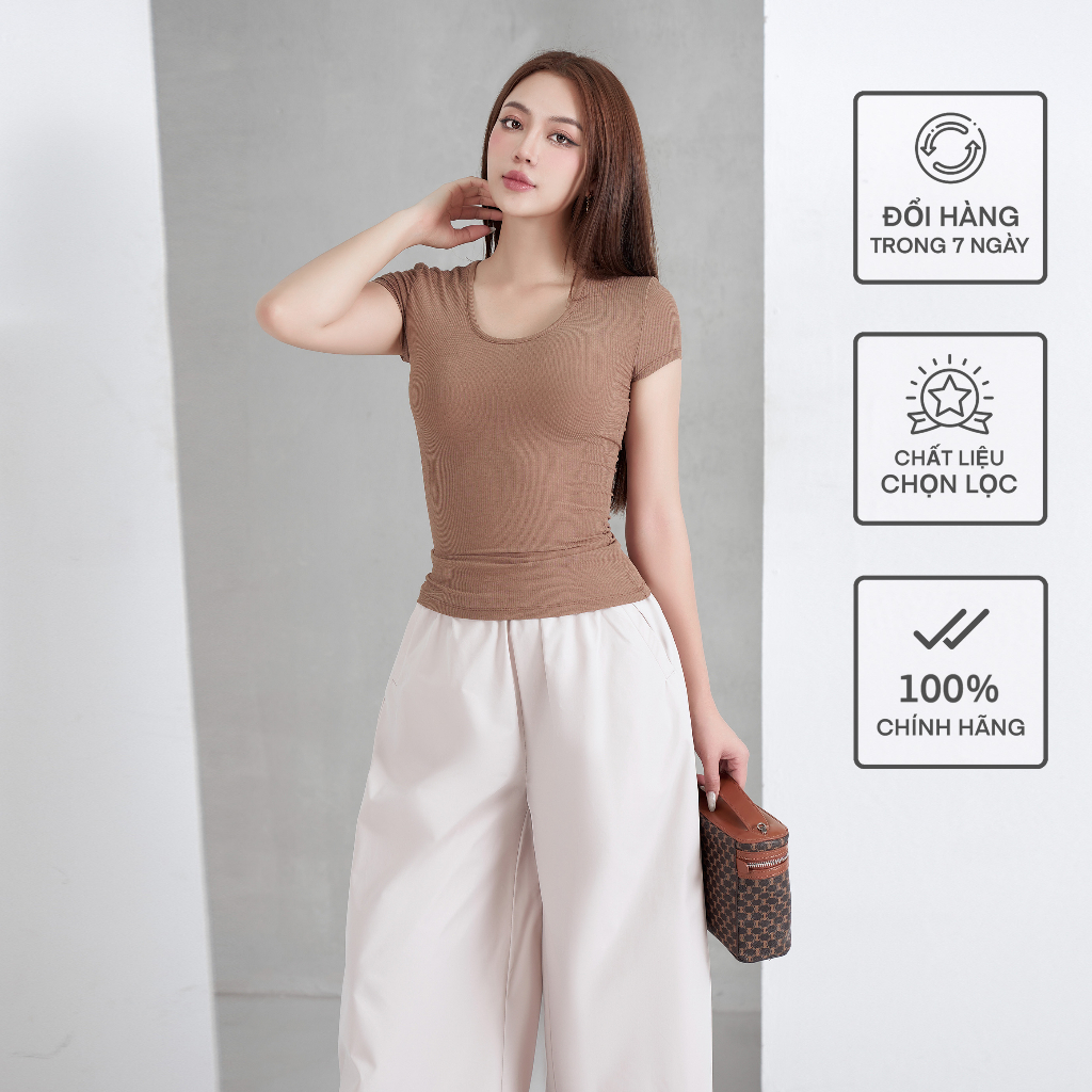 Áo Ngắn Tay Cổ Oval Nữ Dáng Thường BUSY Thun Tăm Giấy Co Giãn Ôm Sát NT20T