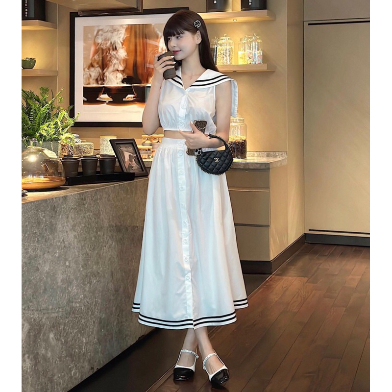 ( Kèm Ảnh Thật Hàng Đẹp ) Set Áo Sơ Mi Thô Thuỷ Thủ Croptop Cổ Yếmi Mix Chân Váy Xoè Dáng Dài Màu Trắng Đồ Nữ Siêu Xinh