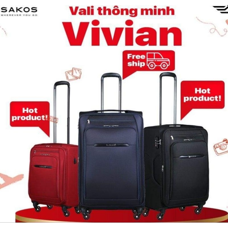 Vali siêu nhẹ nhất, Vali vải du lịch SAKOS VIVIAN ( size 20 24 28 inch có khoá TSA) tặng thẻ bh 10 năm toàn quốc