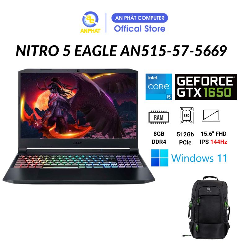 [Mã giảm 8% đơn 3000K] Laptop Gaming Acer Nitro 5 Eagle AN515-57-5669 (Core™ i5-11400H & GTX 1650)