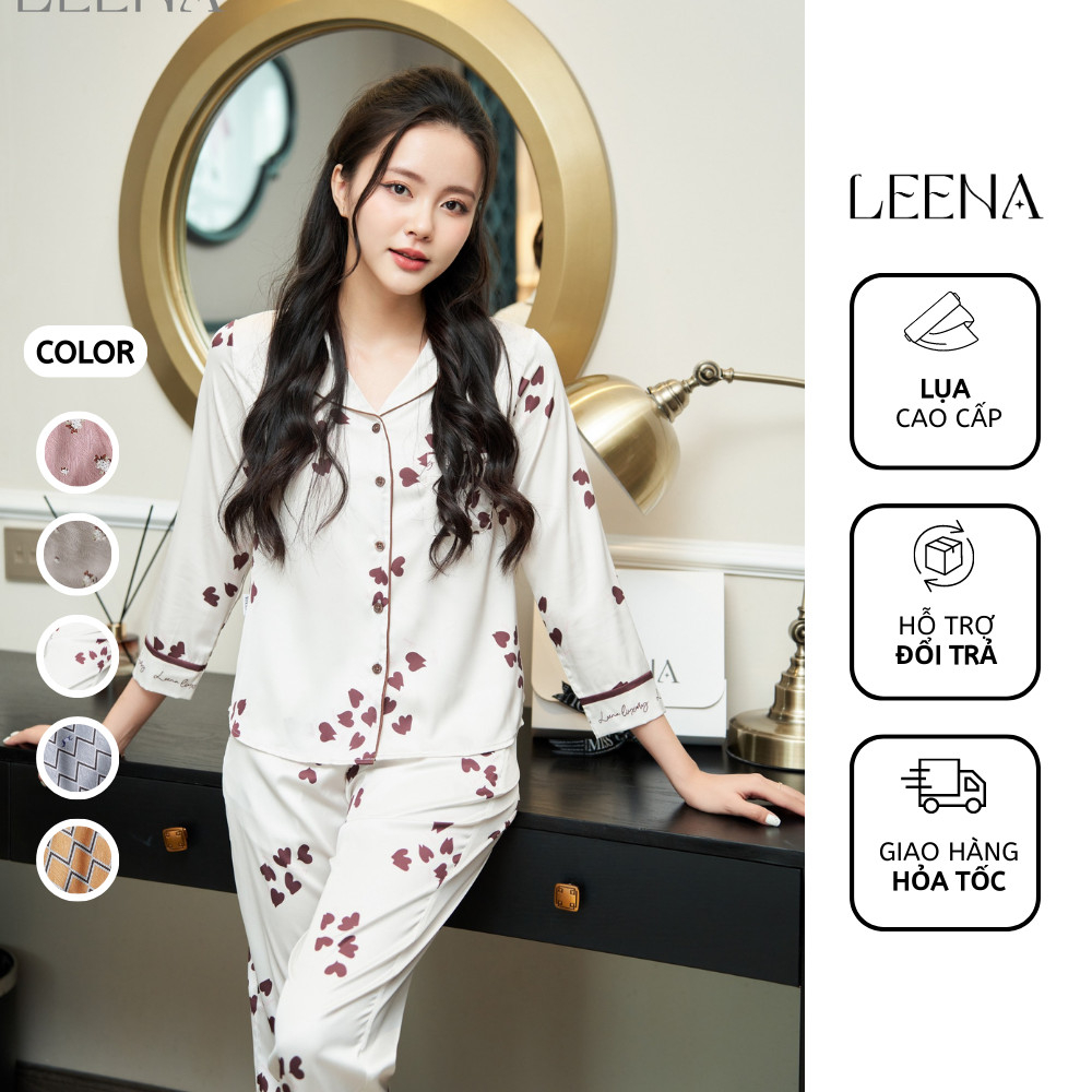 Bộ Pyjama Nữ Lụa Tơ Cao Cấp Áo Tay Dài Quần Dài, Bộ Mặc Nhà Nữ Thu Đông Lụa Dài Tay Leena Homewear 23V12