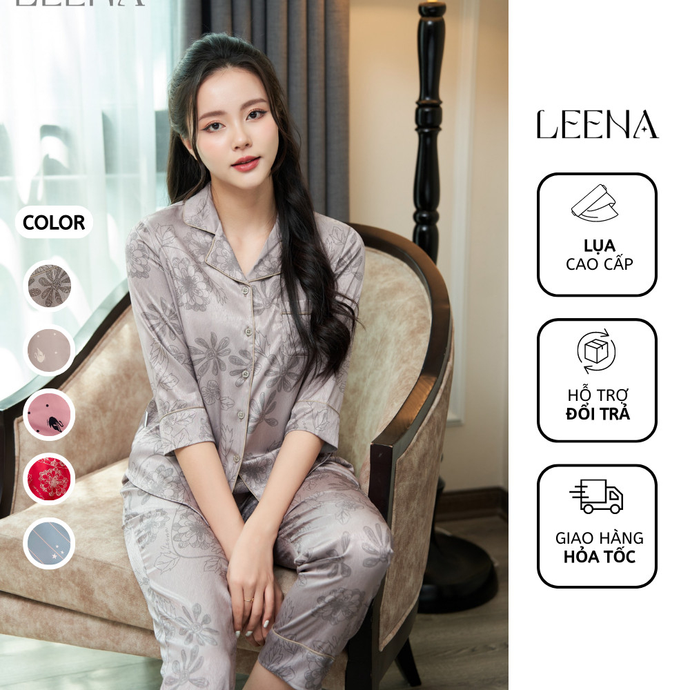 Bộ Ngủ Pyjama Nữ Lụa Vân Gỗ Cao Cấp Áo Tay Dài Quần Dài, Bộ Mặc Nhà Nữ Thu Đông Lụa Dài Tay Leena Homewear 23L10 23V10