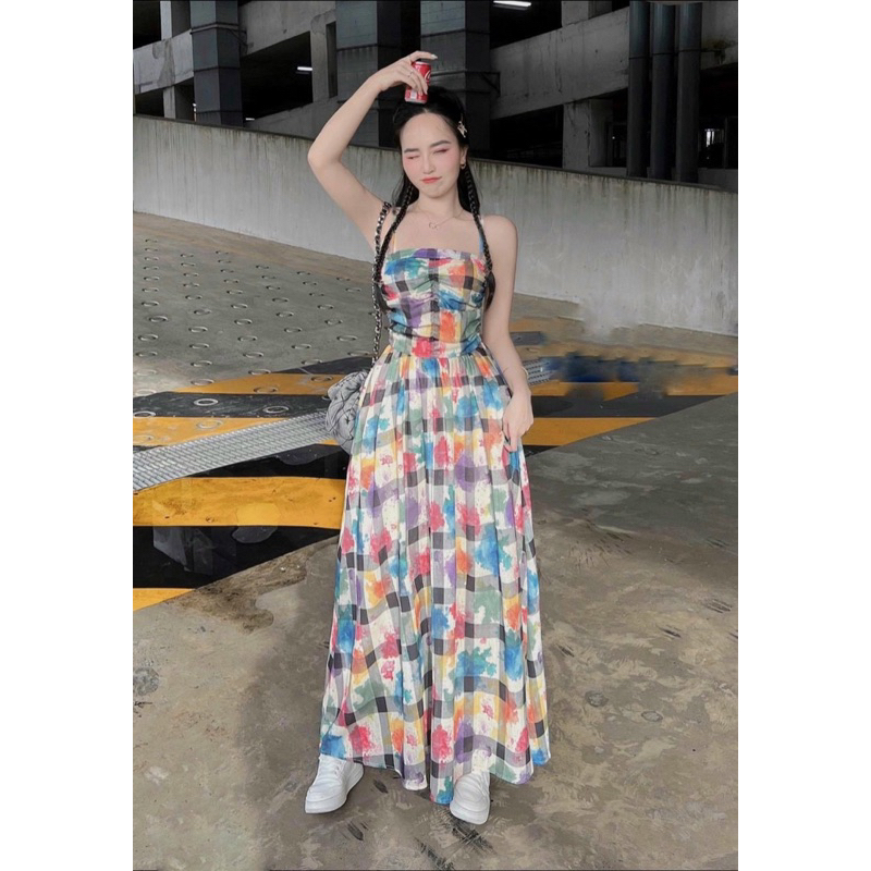 Đầm maxi xoè đũi phối màu ngũ sắc TRIPBLE T DRESS siêu xinh - Free size dưới 54kg