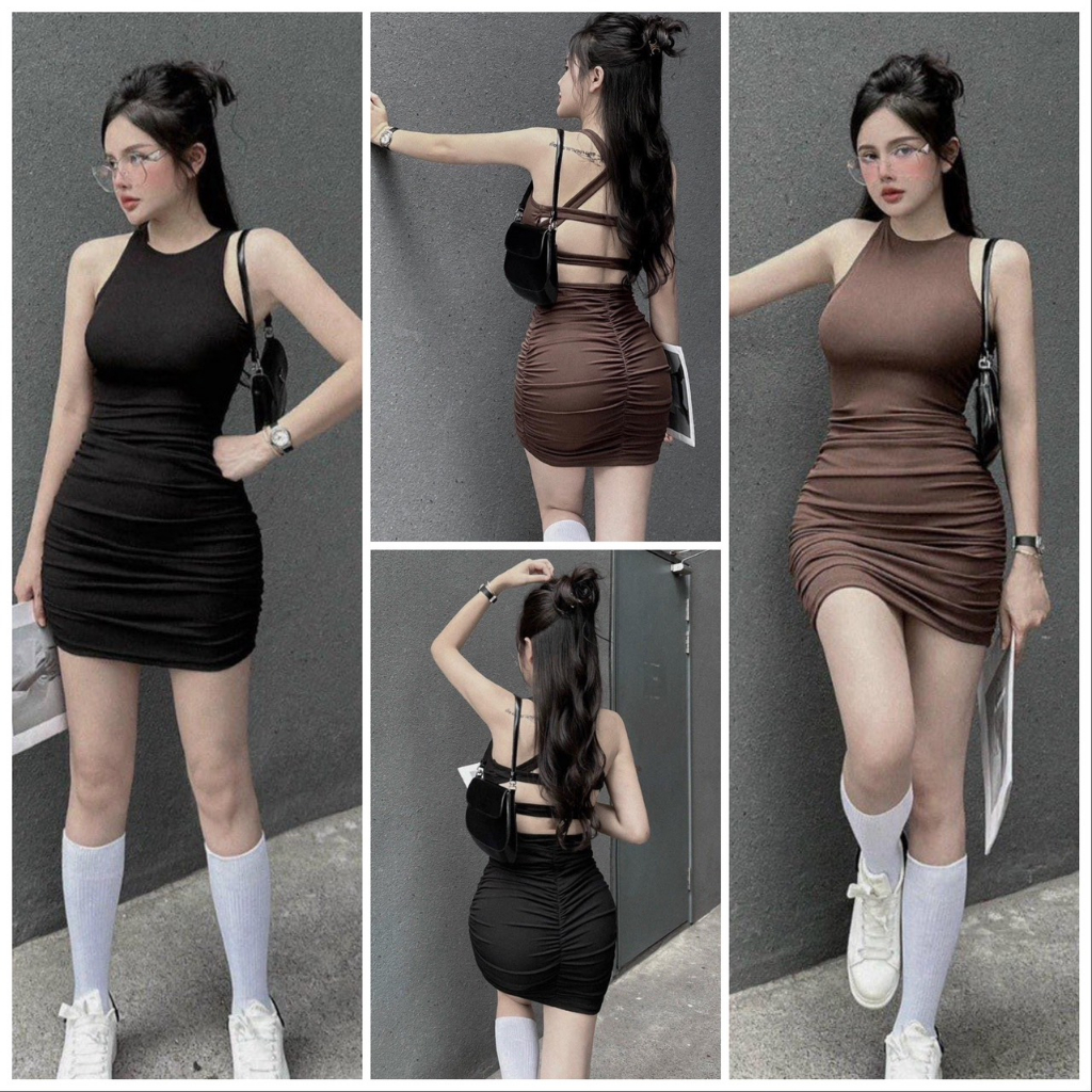 Đầm Body Sát Nách Hở Lưng Nhún Sườn