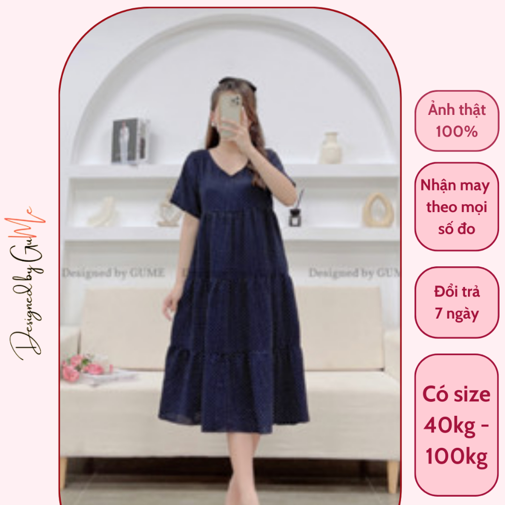 Váy bầu bigsize 40-100kg - Đầm bầu thiết kế GuMe dáng 3 tầng chấm bi cổ tim vải chéo thái siêu mát, mặc công sở GM101