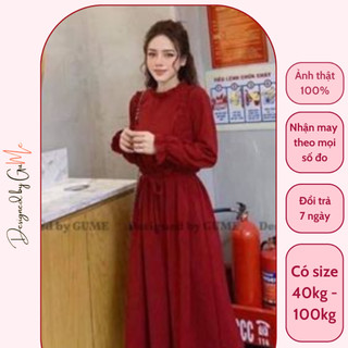 Váy bầu GUME màu Đỏ dáng maxi Buộc Eo chất vải sạn lụa size từ 40-100kg MYC1354