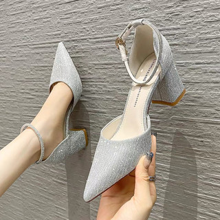 Giày sandal cao gót nữ 5p bít mũi nhũ mẫu mới a8nhu