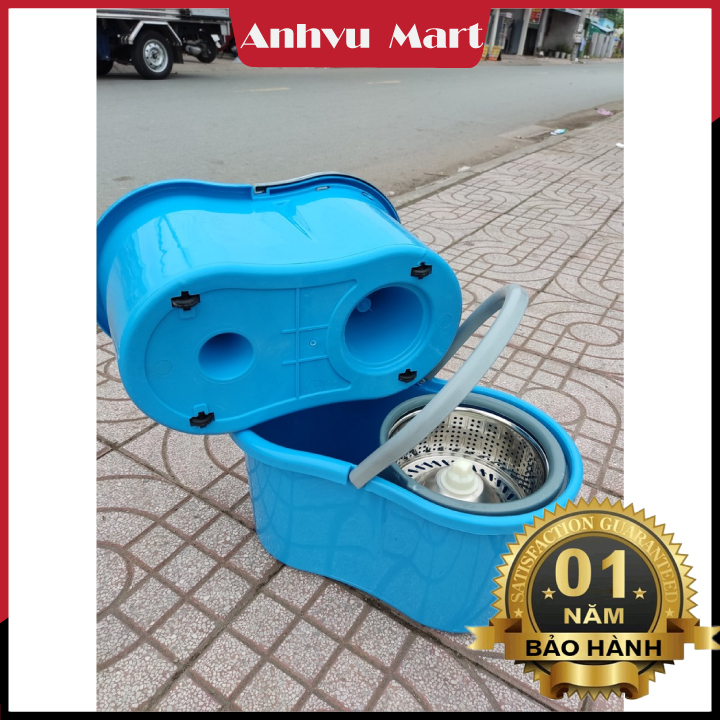 Bộ lau nhà 360 tự vắt thông minh lồng inox kèm thùng vắt xoay rất nhẹ vắt khô cây lau inox và bông siêu sạch