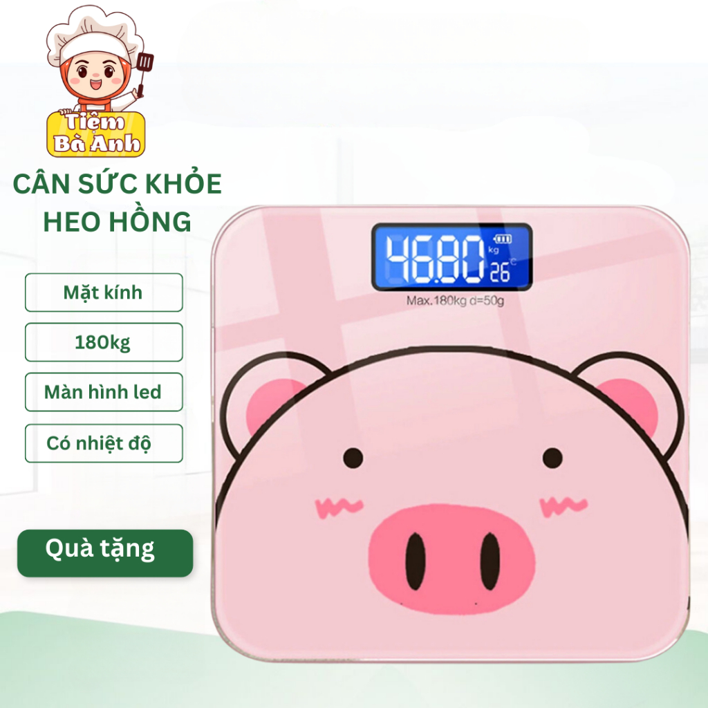 Cân điện tử sức khỏe hình heo hồng xinh xắn, mặt kính chịu lực tối đa