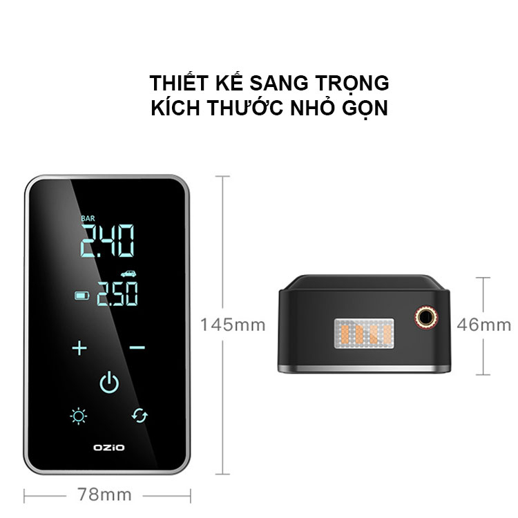 Bơm lốp ô tô điện tử kiêm sạc dự phòng cao cấp, Máy bơm lốp bằng điện cầm tay màn hình cảm ứng, tích hợp đèn Led