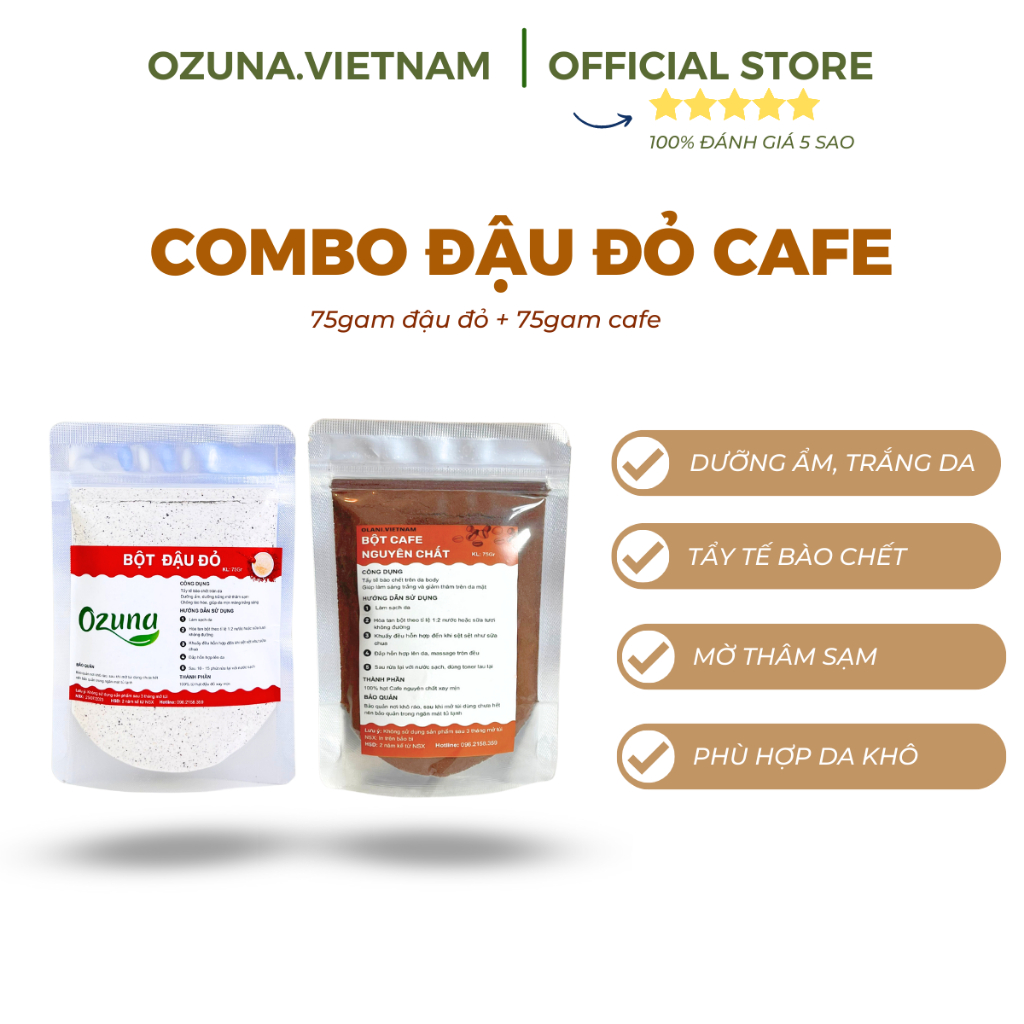 Combo đậu đỏ cafe tẩy da chết dưỡng trắng sáng dưỡng ẩm cho da body Ozuna Việt Nam